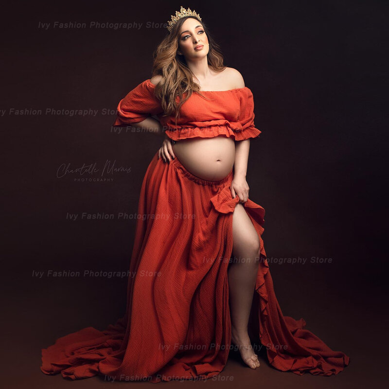Böhmisches Fotoshooting Schwangerschaft kleid Rüschen kante von der Schulter Kurzarm Leinen Baumwoll kleid Boho-Stil Baby party kleid
