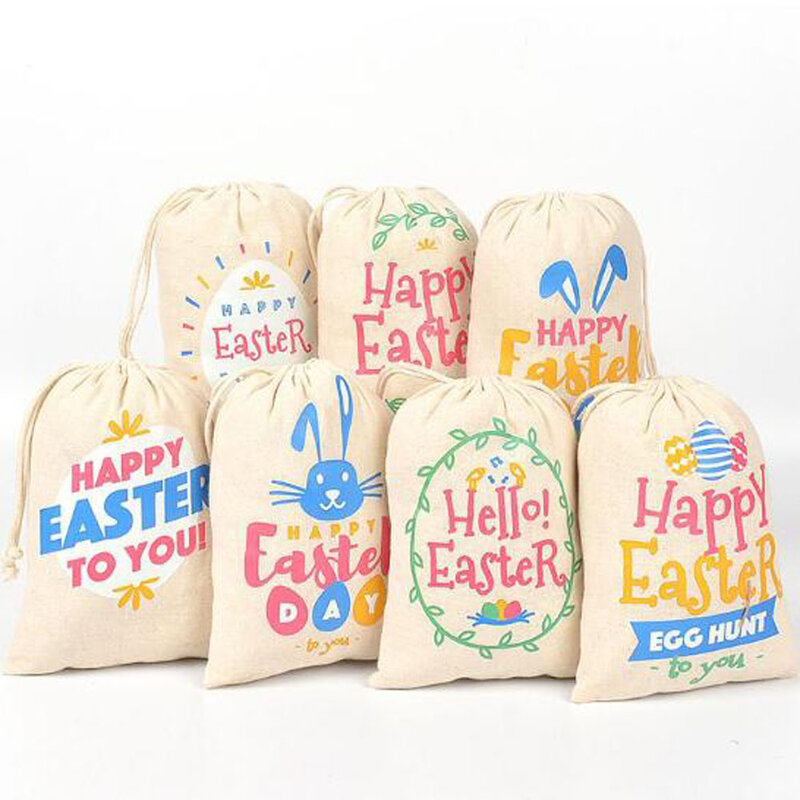 20pcs / LOT 13 * 18cm Joyeuses Pâques Lin cordon sac enfants sac poche bonbons cadeau emballage réutilisable sac partie