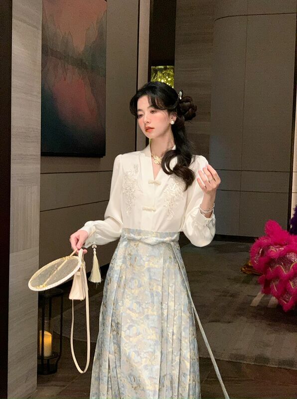 Abito coreano abito da cavallo da donna gonna lunga ricamo stile Country camicia elegante abito da fata 2 pezzi