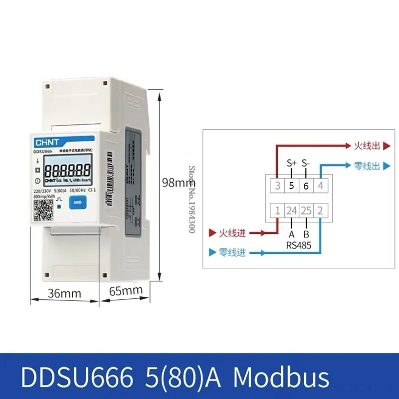 Medidor de Medição de Comunicação Modbus Monofásico Medidor de Alimentação, DDSU666, 1.5 A, 6 A, 80A, RS485, DTSU666, 220V