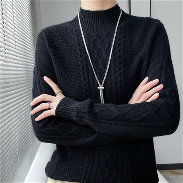 New Spring Knitted Pullovers Half High Collar Loose Thick Warm Sweater For Women Vintage Autumn Winter Mother Bottoming Top