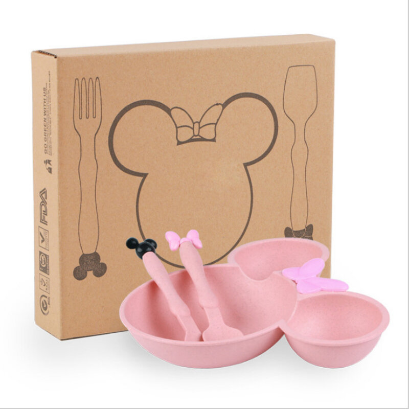 3Pcs/set Cartoon Baby Bowl Tableware Set Wheat Straw Children's Dishes Kids Dinner Feeding Plate Bowknot Food Plate Spoon Fork