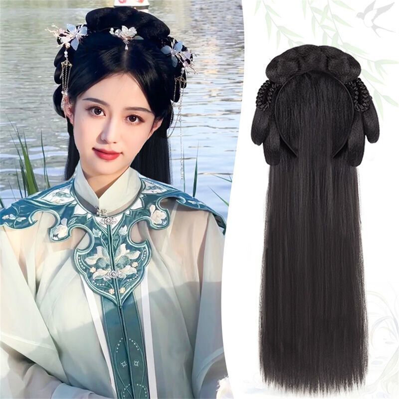 Women Synthetic Hanfu Headband Hair Extension Chinese Style Cosplay Antique Hairpiece Hair Accessories Headdress Black