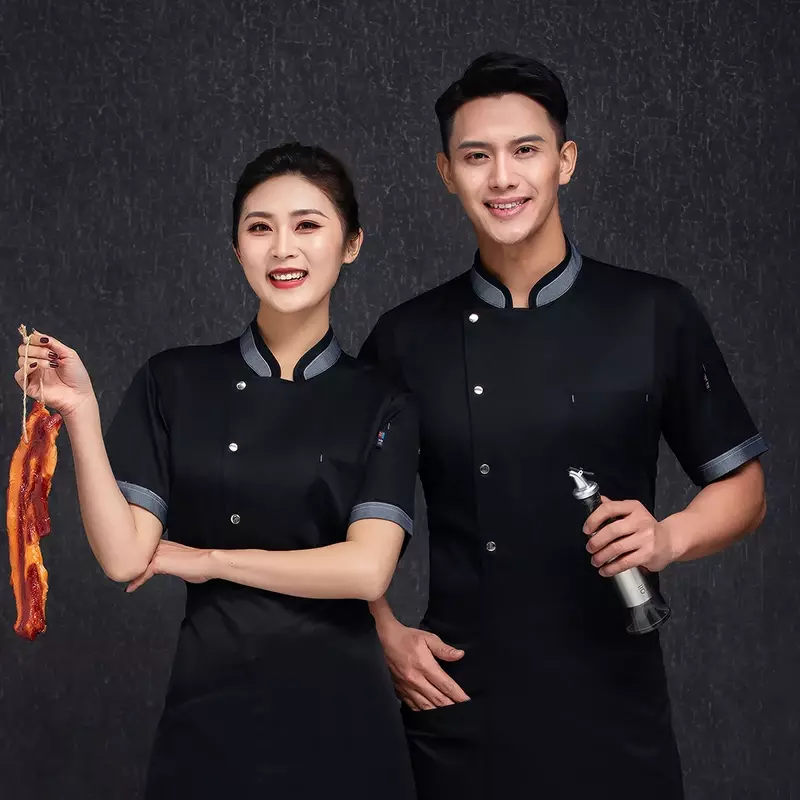 Cucina uniforme Unisex camicia nera traspirante bianca manica corta Cook Hotel Foodservice abbigliamento giacca da forno petto Chef