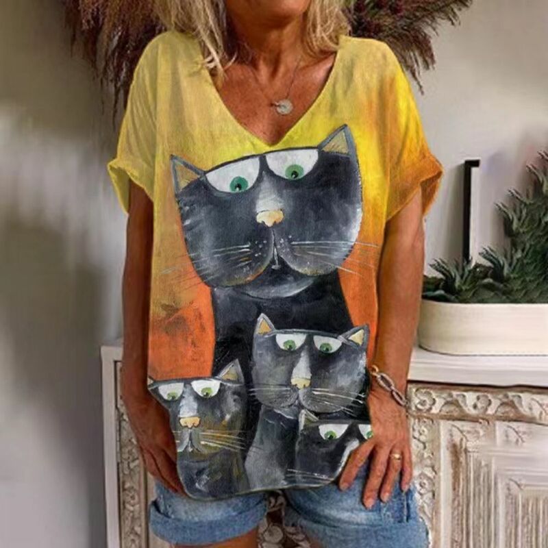 Summer Casual V-neck T-shirt Women's Cat Print Shirt Top Loose Vintage Women's Street Wear  Short Sleeve Clothes S-5XL