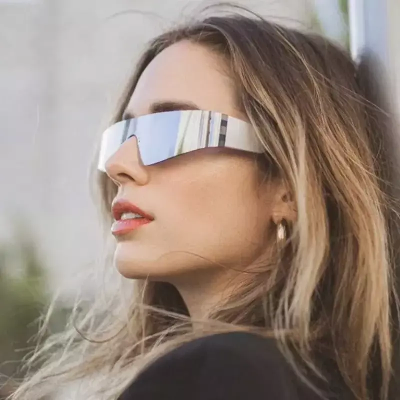 Kacamata y2k kacamata hitam pria dan wanita rasa masa depan teknologi pilot tanpa bingkai one-piece kacamata hitam keren.