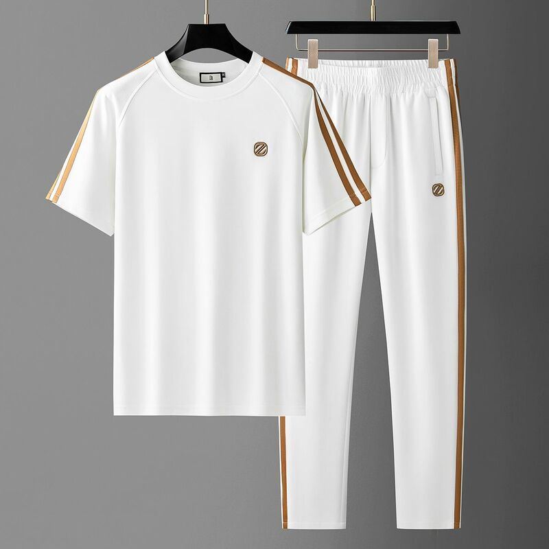 The New Summer Men's Suit, Silky Short-sleeved Casual Sports Suit, High-end Embroidered Webbing Men's Two-piece Suit