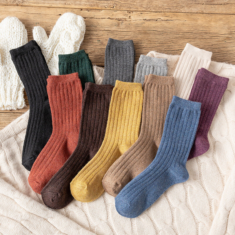 1 par nova chegada inverno grosso lã quente meias femininas cor sólida meias casuais feliz engraçado meias retro meados de tubo meias botas meia