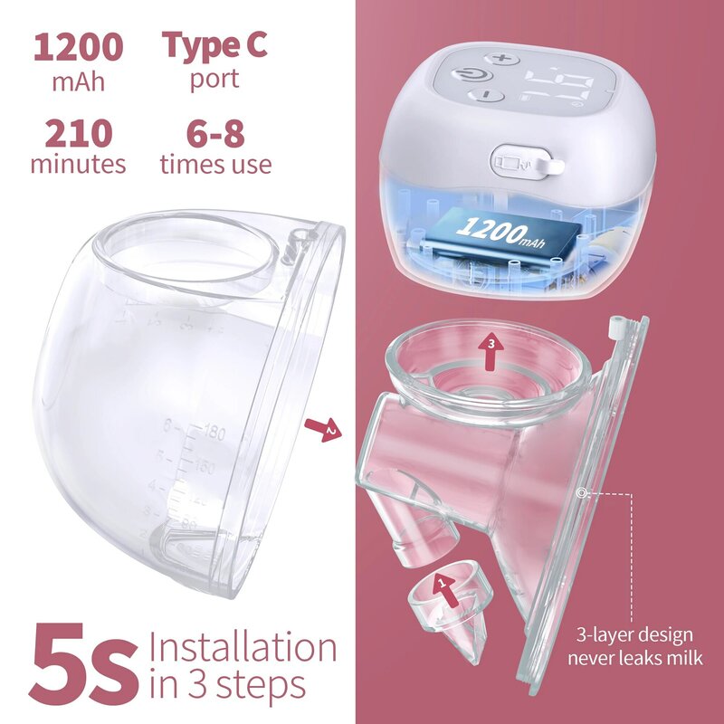 Extractor de leche eléctrico, dispositivo manos libres, sin BPA, pantalla LCD, indoloro, inalámbrico, 12 niveles y 3 modos
