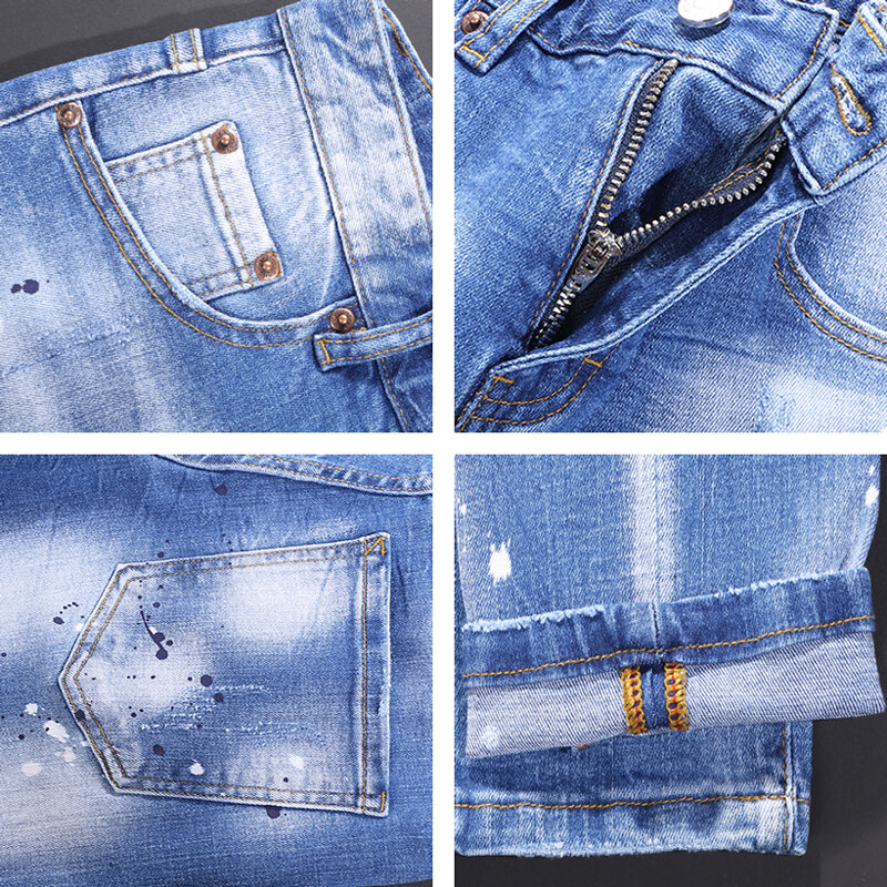 Calça Jeans rasgada com elástico para homens, calça lápis, retrô, azul claro, liso, lavado, moda de rua, estilista, vintage