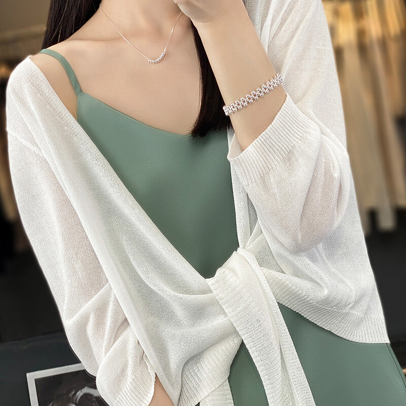 Cardigã de malha de seda gelo feminino, camiseta fina solta sem botão, blusa de proteção solar, moda coreana 7, 4 mangas, verão