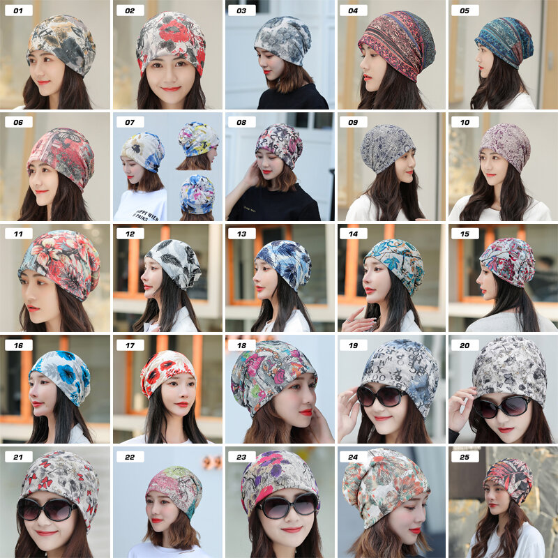 Women Summer Thin Floral Printing Turban Cap Muslim Head Cover Headscarf  Wrinkle Soft Bonnet Hijab Beanie Hat Head Wrap
