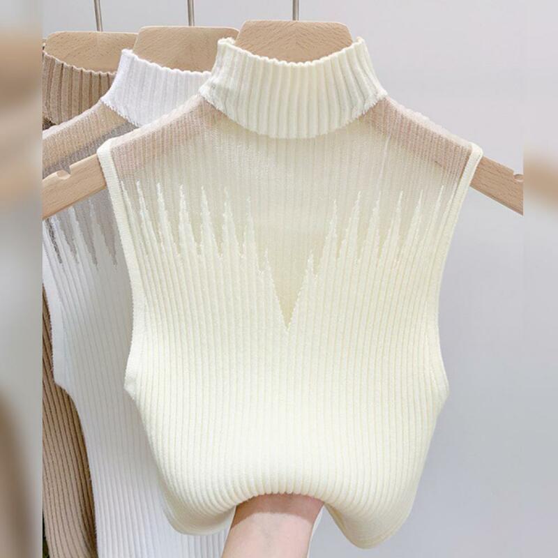 Spring Autumn Top Elegant Women's Knitted Mesh Patchwork Tank Top Sleeveless Soft Pullover Half-high Collar Solid Color Summer