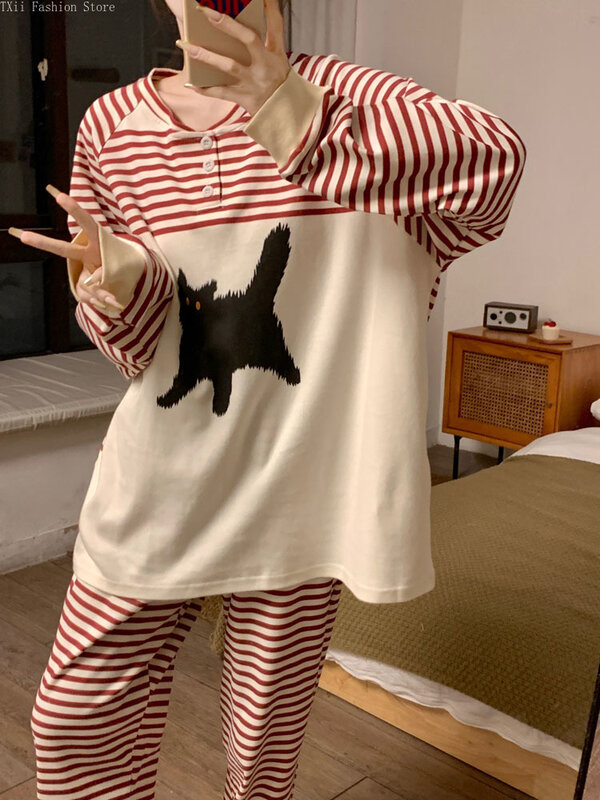 TXii 용수철 여성용 대형 잠옷, 용수철 가을 귀여운 튀김 고양이 스트라이프 홈 세트, 라운드 넥 세트, 패션 2024 신상