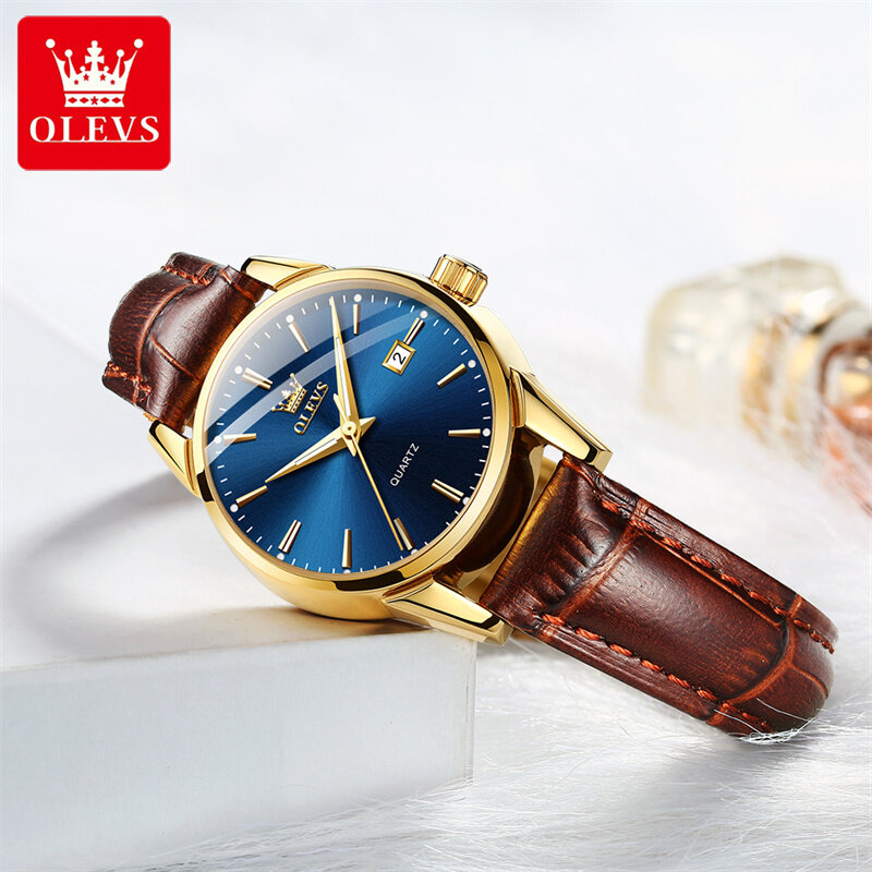 OLEVS 패션 블루 쿼츠 시계 여성용, 가죽 방수 야광 손 달력, 최고 브랜드 럭셔리 손목시계