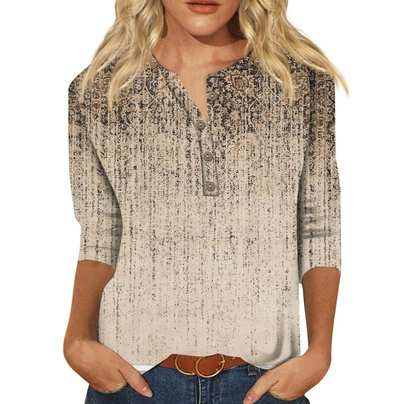 Camiseta con estampado de plantas para mujer, Blusa con cuello en V y botones, mangas 3/4, Jersey de algodón