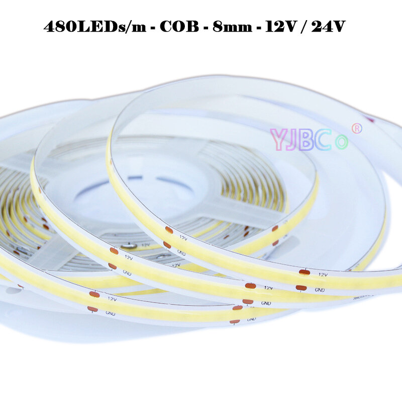 Strip LED COB 12V 24V 5m/lot 480LED/m putih/putih hangat/putih alami/biru/merah/hijau pita cahaya fleksibel warna tunggal 8mm PCB