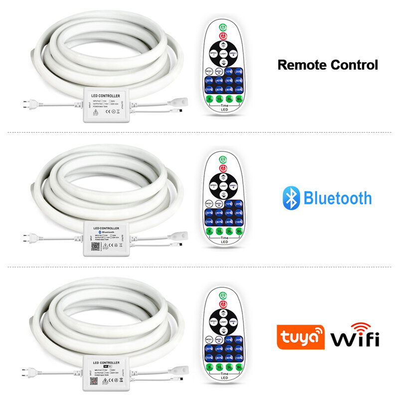 Tuya-接続されたLEDストリップライト,Wi-Fi,220V,リモコンとアプリコントロール,フレキシブル,ip65,屋外照明装飾用