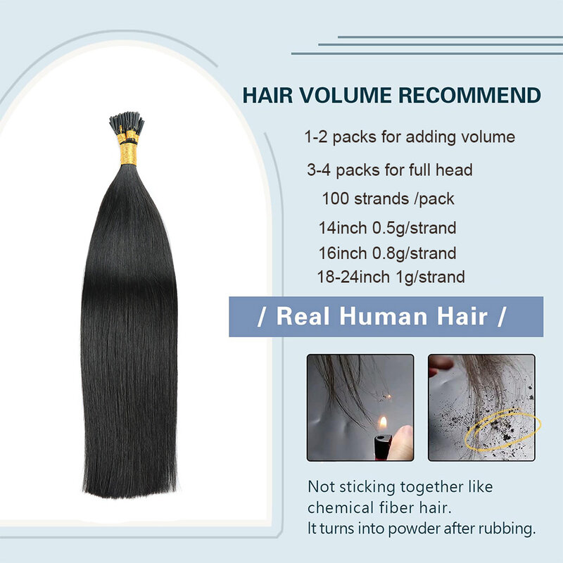 Прямые I-образные волосы для наращивания, человеческие волосы #1, черные натуральные волосы, Remy I-образные человеческие волосы для наращивания, 100 прядей/упаковка