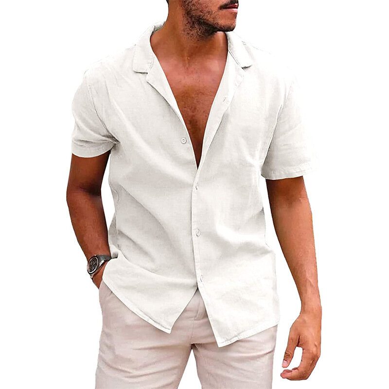 Мужская хлопковая рубашка с коротким рукавом, однотонная быстросохнущая пляжная блуза с отложным воротником, в повседневном стиле, лето