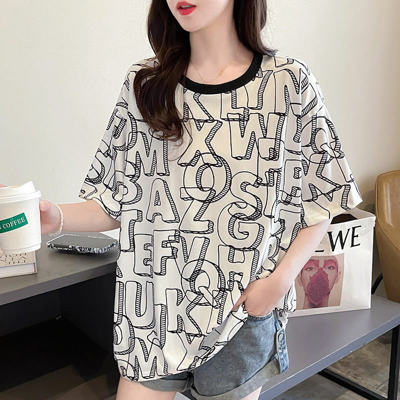 Dameskleding Met Losse Korte Mouwen T-Shirt Met Stijlvolle Print, Nieuwe Koreaanse Ronde Hals Gesplitst Jonge Pullovers