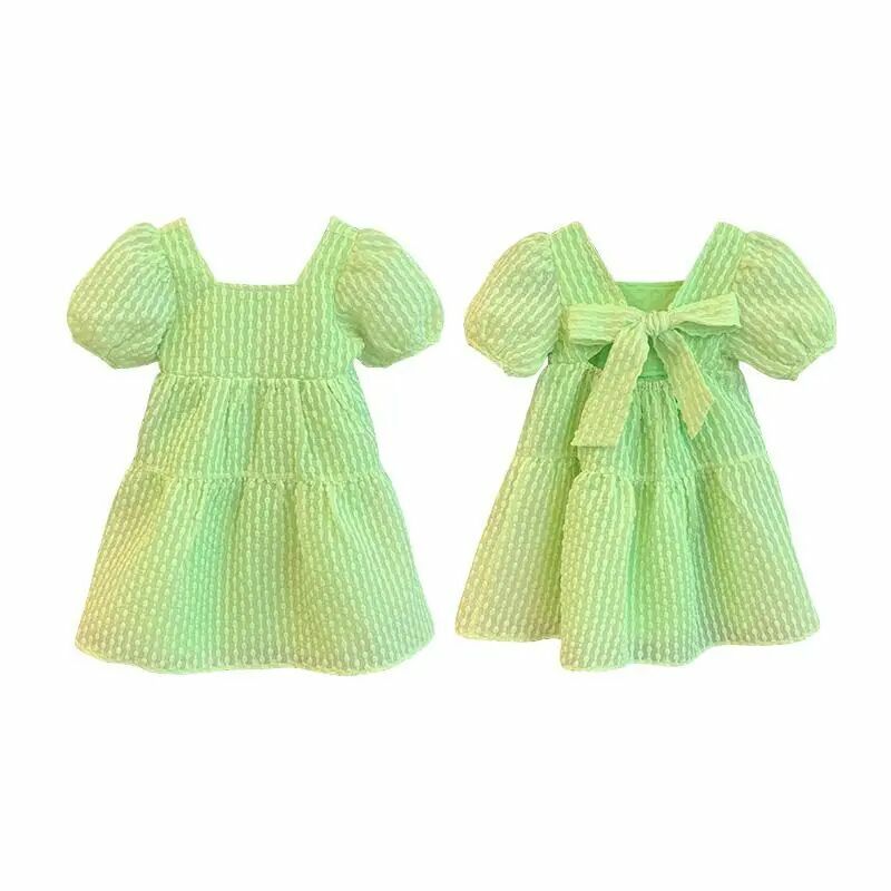 Girls' Baby Short Sleeve Dress 2023 New Summer Children's Open Back Bow Princess Dress Foreign Bubble Sleeve Dress