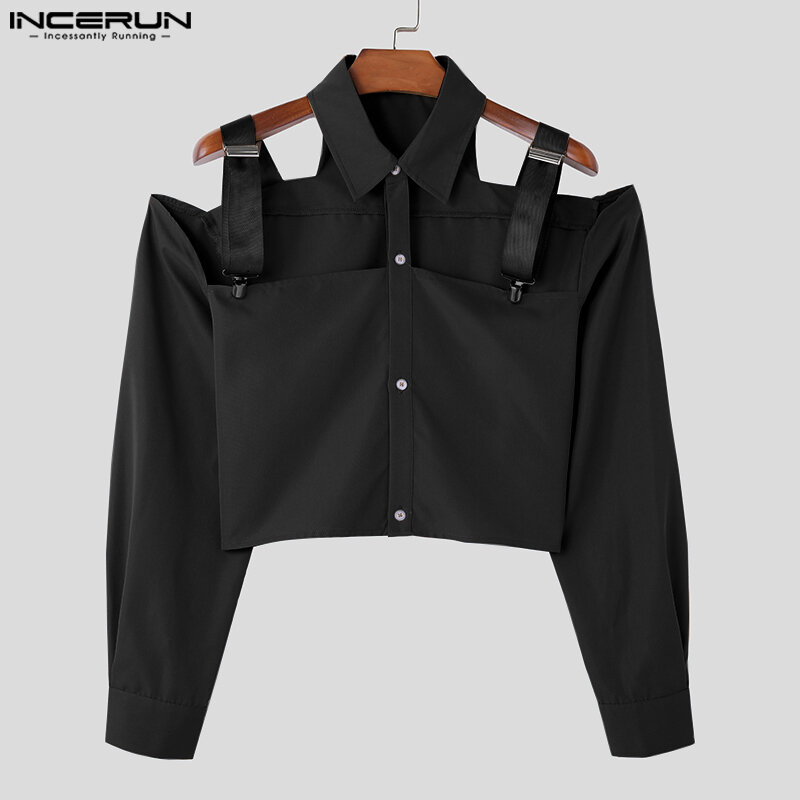 INCERUN Men's Shirt Solid Color Hollow Out Lapel Long Sleeve Button Crop Tops Men Sexy Streetwear Fashion Casual Camisas S-5XL
