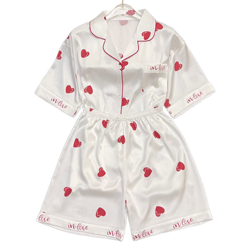 Women Pajamas Sets Summer 2 Piece Heart Print Pyjama Faux Silk Satin Buttons Sleepwear Short Sleeve Pijama Mujer Pjs Homewear