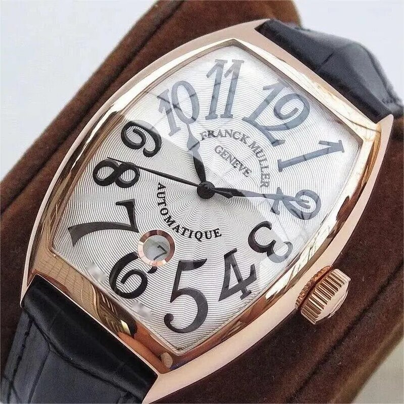 2023 FRANCK MULLER Tonneau Rose Gold Uhr für Männer Automatische Mechanische Armbanduhr Wasserdicht Luxus Lederband Herren Uhren