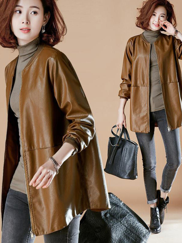 Женская кожаная куртка средней длины, куртка из искусственной кожи в бейсбольном стиле, свободная и приталенная куртка в деловом стиле, весна-осень 2023