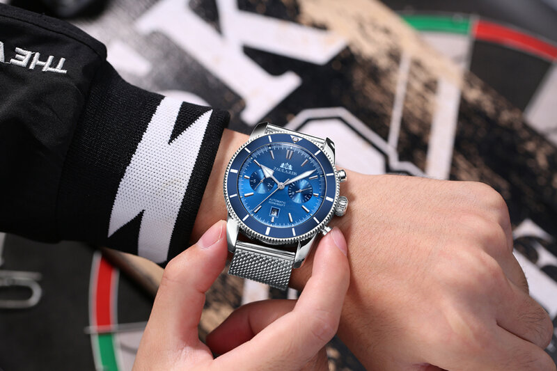 Часы наручные мужские механические, автоматические наручные часы с автоподзаводом, сеткой из нержавеющей стали, с большим циферблатом, с кожаным ремешком, черного, синего цвета, 46 мм