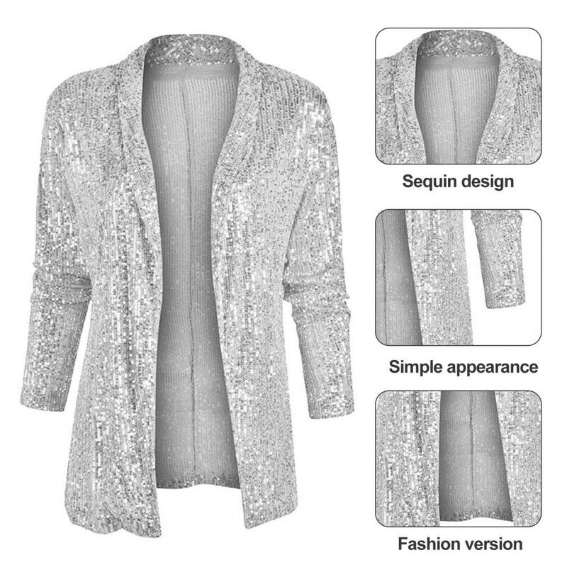 Long Sleeve Sparkling Sequin Cardigan A Addition to Wardrobe for Clubbing Stage Performances Office Commutes Spring Fall Long