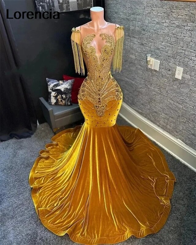 Lorencia-vestido De graduación De sirena De terciopelo dorado impresionante para niñas negras africanas, vestido De fiesta con cuentas De cristales, YPD32