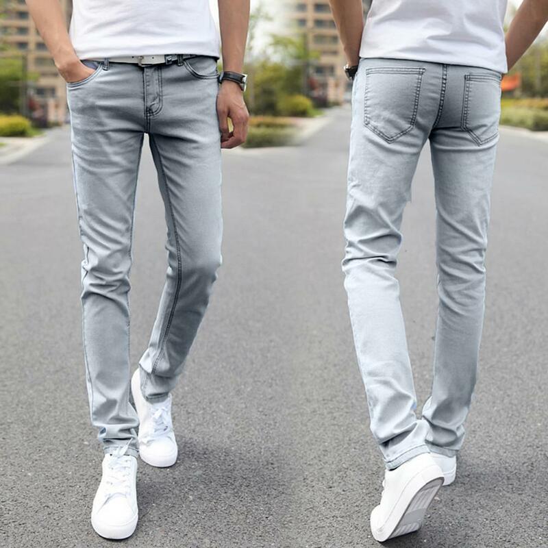 Proste, obcisłe dżinsy rurki, obcisłe, ołówkowe spodnie jeansowe z zamkiem i guzikiem długie spodnie z prostymi nogawkami odzież męska