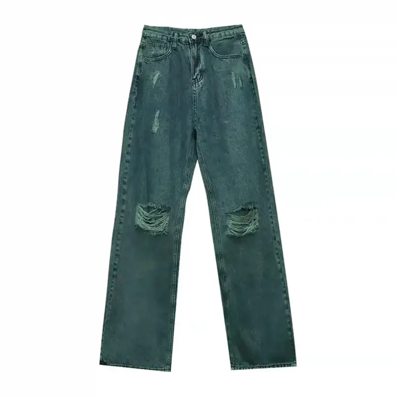 Женские джинсы с дырками в американском стиле, черные и Зеленые джинсы с высокой талией в стиле ретро, уличные прямые брюки, мешковатые джинсы, женская одежда y2k