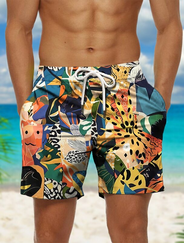 Celana pendek renang papan pria, celana pendek berenang kasual liburan Hawaii blok warna daun cetakan grafis cepat kering