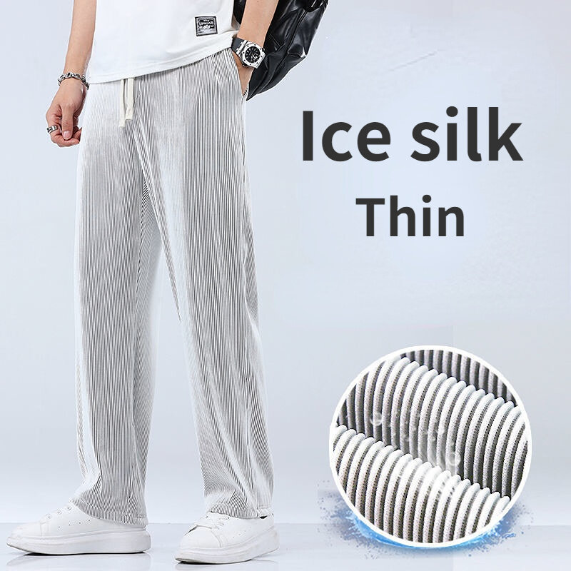 Calça de seda gelo reta solta masculina, seção fina, perna larga, esportiva, casual, se 100kg, verão