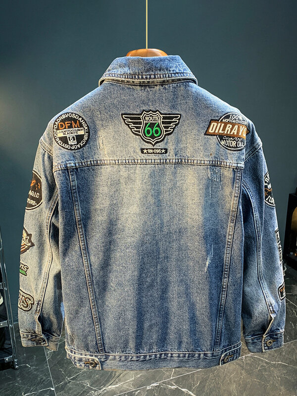 Streetwear Men's Fashion Embroidery Denim Jacket Retro Washed Male Loose Denim Tops Outerwear Youth Casual Loose Bomber Jackets