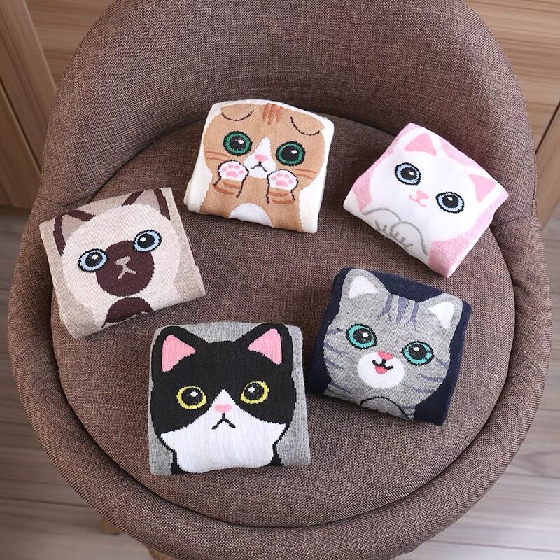 Meias curtas de algodão para mulheres, desenho animado 3D gato, cachorro, animal, harajuku kawaii, tornozeleira, respirável, casual, sox, 1-5 pares