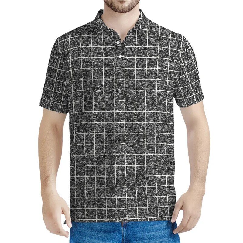 Мужская серая рубашка-поло с принтом окон, летняя Клетчатая футболка с 3D принтом, уличные Топы большого размера с коротким рукавом, футболки с лацканами