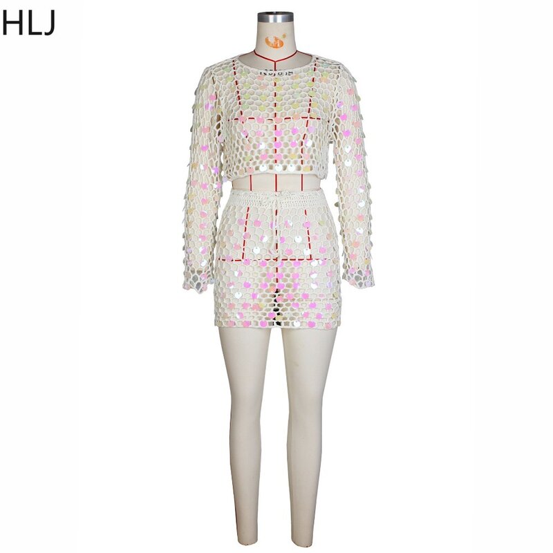 HLJ Sexy Hollow Sequin Knitting Two Piece Sets Women Long Sleeve Crop Top And Mini Skirts Outfits Fashion Holiday Beach Clothing