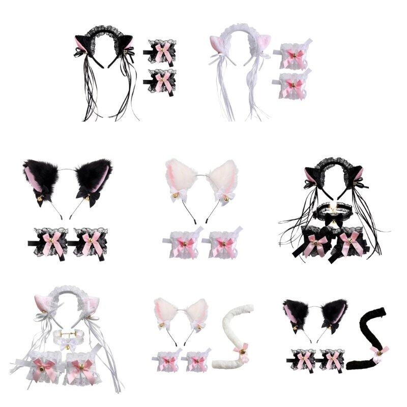 Diadema y gargantilla con forma oreja gatito/puños encaje/tocado cosplay dibujos animados cola