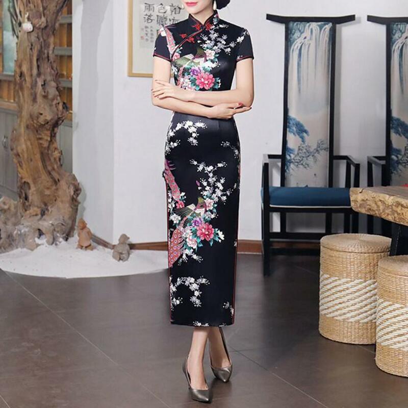 Robe à imprimé floral de style national chinois pour femmes, col montant, manches courtes, fente latérale haute, boutons de nœud chinois, Cheongsam