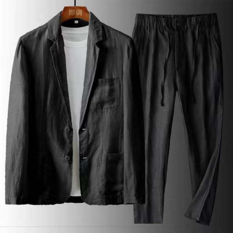 Conjunto de dos piezas de lino para hombre, chaqueta y pantalones ajustados, ropa fina informal de negocios, traje transpirable, primavera y otoño