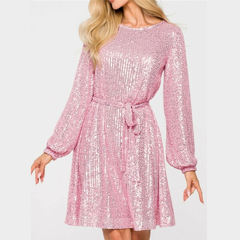 Dresses For Women 2024 Party Solid Color Long Sleeve Round Neck Tie Waist Glitter Sparkly Sequin Dress For Women Prom Dresses