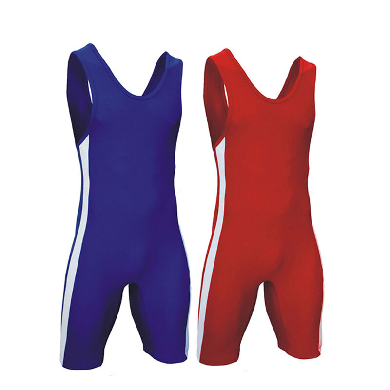 Singlet Gulat Biru dan Merah Pakaian Kontrol Perut Pakaian GYM Tanpa Lengan Triathlon Pakaian Angkat Beban Berenang Berlari Skinsuit