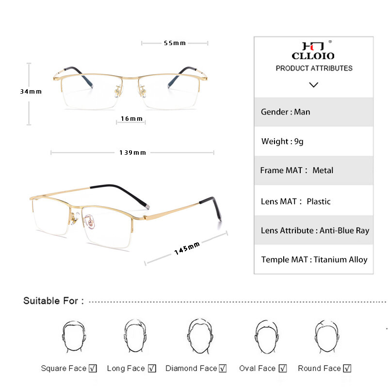 Clloio-男性用の光学式老眼鏡,金属製の光学レンズ,ハーフフレーム,処方箋,近視および老眼用