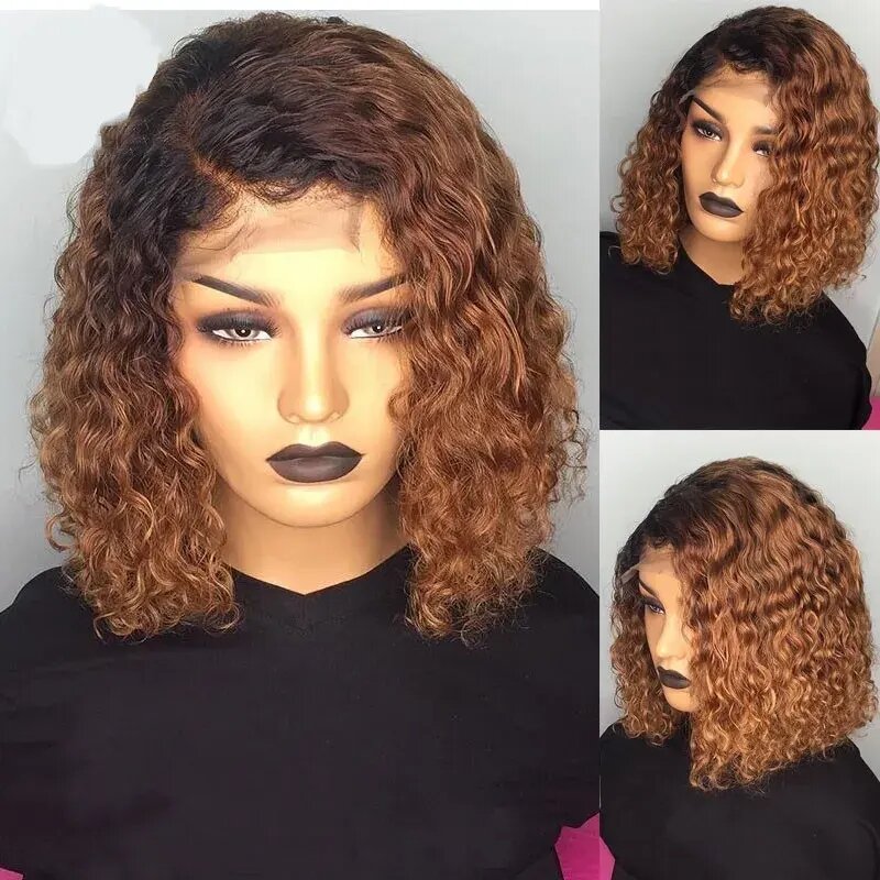 1B30 Brown Color Water Wave Short bob Cut Wig Jerry Curly Brazilian Human Hair 13x4 Lace Frontal Closure Wigs For Black Women