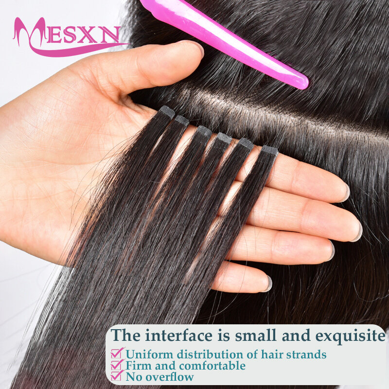 MESXN-Mini fita em extensões de cabelo, cabelo humano natural real, fitas em preto, marrom, loiro, pode ser permed e tingido para salão