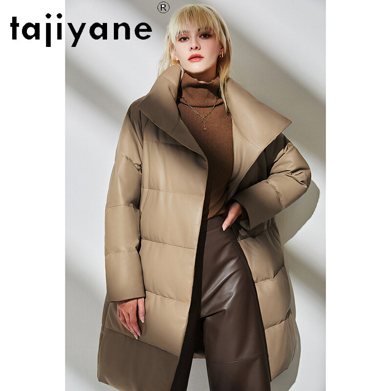 Tajiyane Real Sheepskin Leather Down Jacket Women Winter Mid-length White Goose Down Coats Standing Collar Fashion Warm Parkas